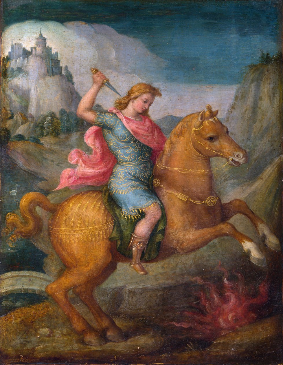 "Marcus Curtius" O valente Marcus Curtius, um cidadão romano, sacrifica-se aos deuses romanos atirando-se para um poço num fórum em 362 a.C. - Pintura de Francesco Ubertini ou Francesco d