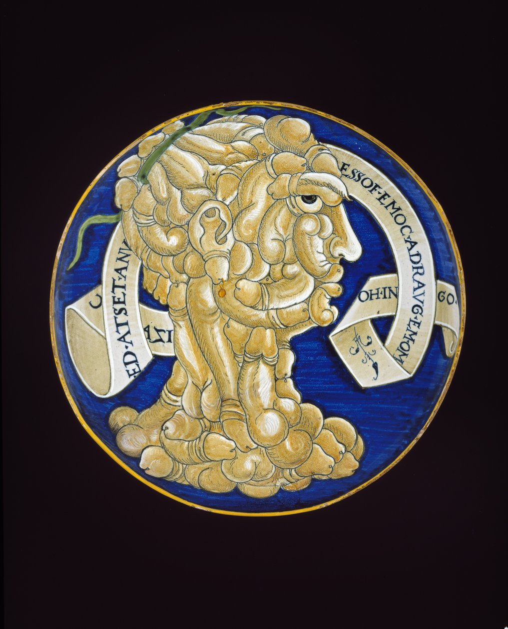 Prato com uma cabeça de pênis composta, c.1536 (faiança de latão estanhado, maiolica) de Francesco Urbini