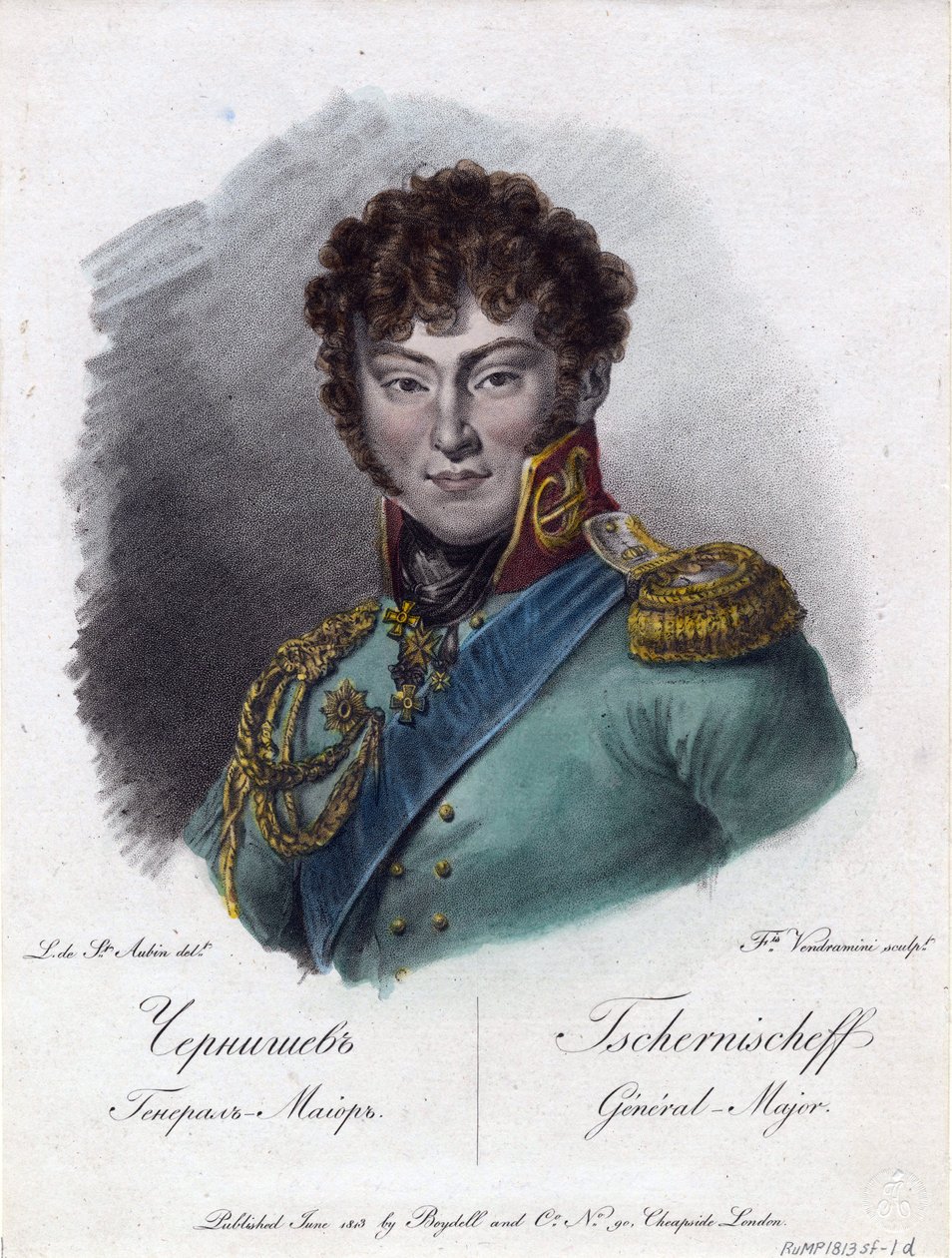 Retrato do Conde Alexander Ivanovich Chernyshov (Príncipe Alexandre Ivanovitch Tchernychev ou Tchernychiov ou Czernichev) (1786-1857) - Vendramini, Francesco (1780-1856) - 1813 - Água-forte, aquarela - 24,2x18,2 - Coleção Particular de Francesco Vendramini