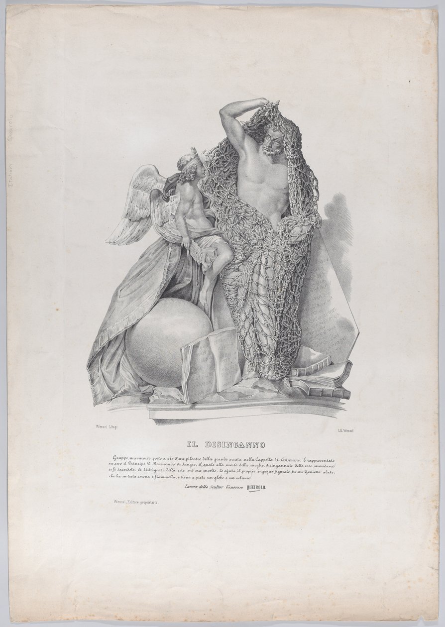 Príncipe Raimondo di Sangro desembaraçando-se da rede dos cuidados mundanos com ..., ca. 1840-50. de Francesco Wenzel