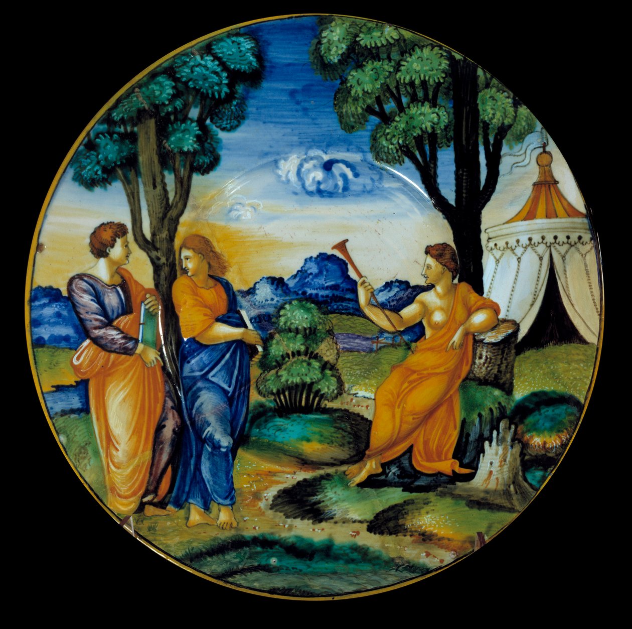 Prato de faiança feito por Francesco Xanto Aveli (ativo por volta de 1530/1540) representando o Parnassus. Realizado em Urbino. 1530. Paris, Museu do Louvre de Francesco Xanto Avelli