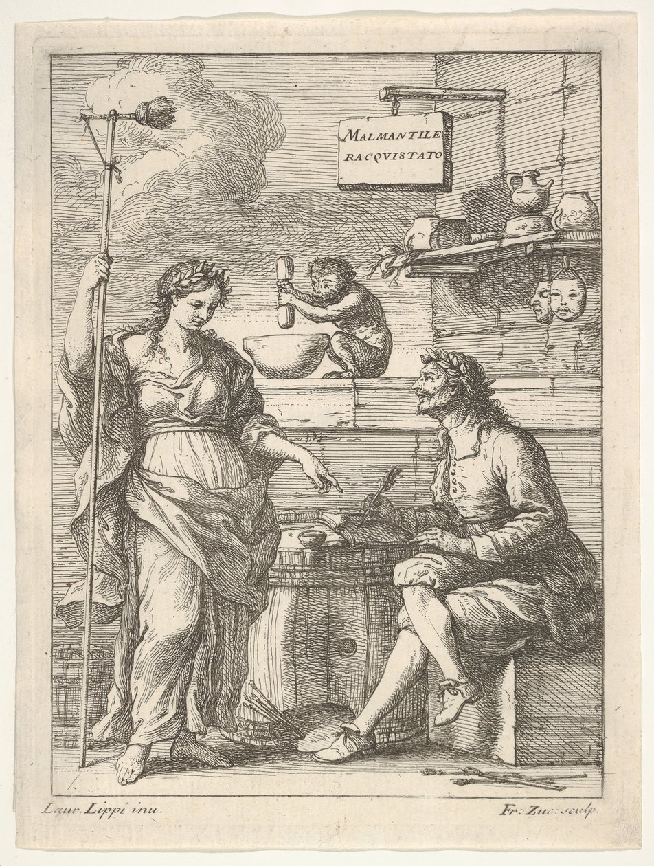 Um macaco trabalhando um almofariz e pilão, abaixo de Lorenzo Lippi, escrevendo seu humor ..., ca. 1710-64. de Francesco Zuccarelli