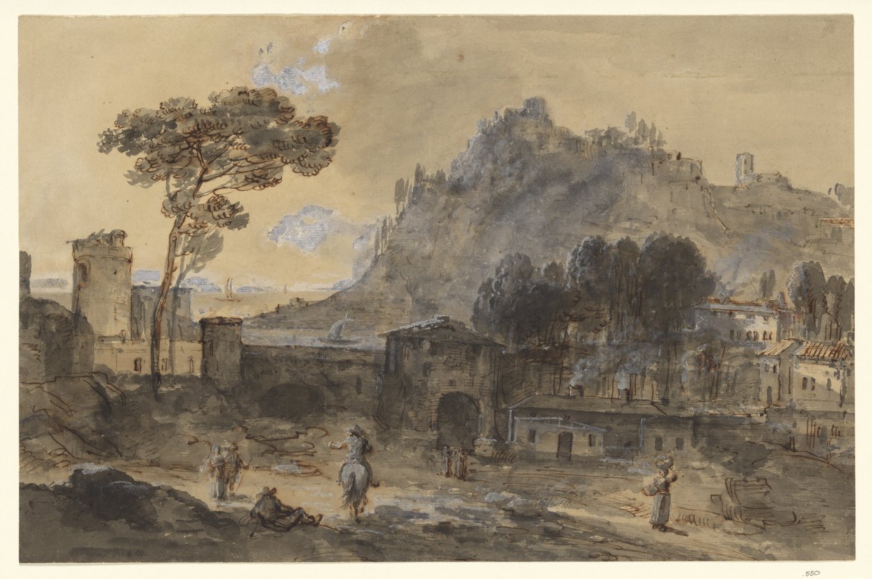Paisagem clássica: uma cidade e uma montanha junto à costa de Francesco Zuccarelli