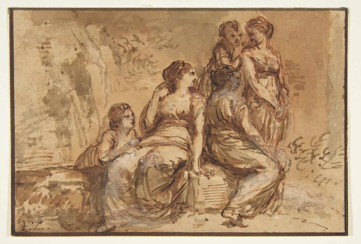 Fünf junge Frauen in einer Landschaft de Francesco Zuccarelli