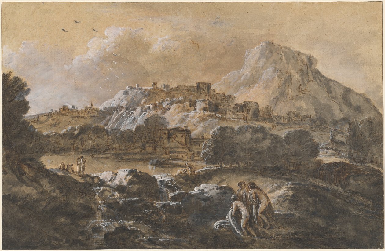 Paisagem montanhosa do rio com banhistas de Francesco Zuccarelli