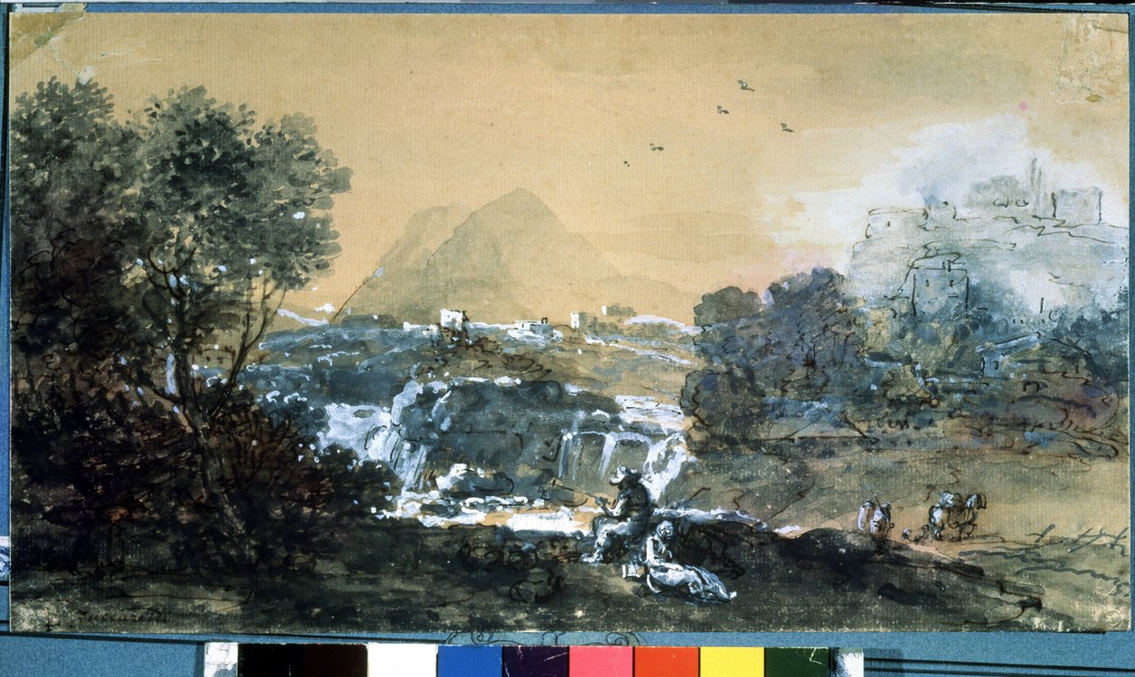 Paisagem com uma queda de água. Desenho de Francesco Zuccarelli (1702-1788). Aguarela e tinta sobre papel de Francesco Zuccarelli