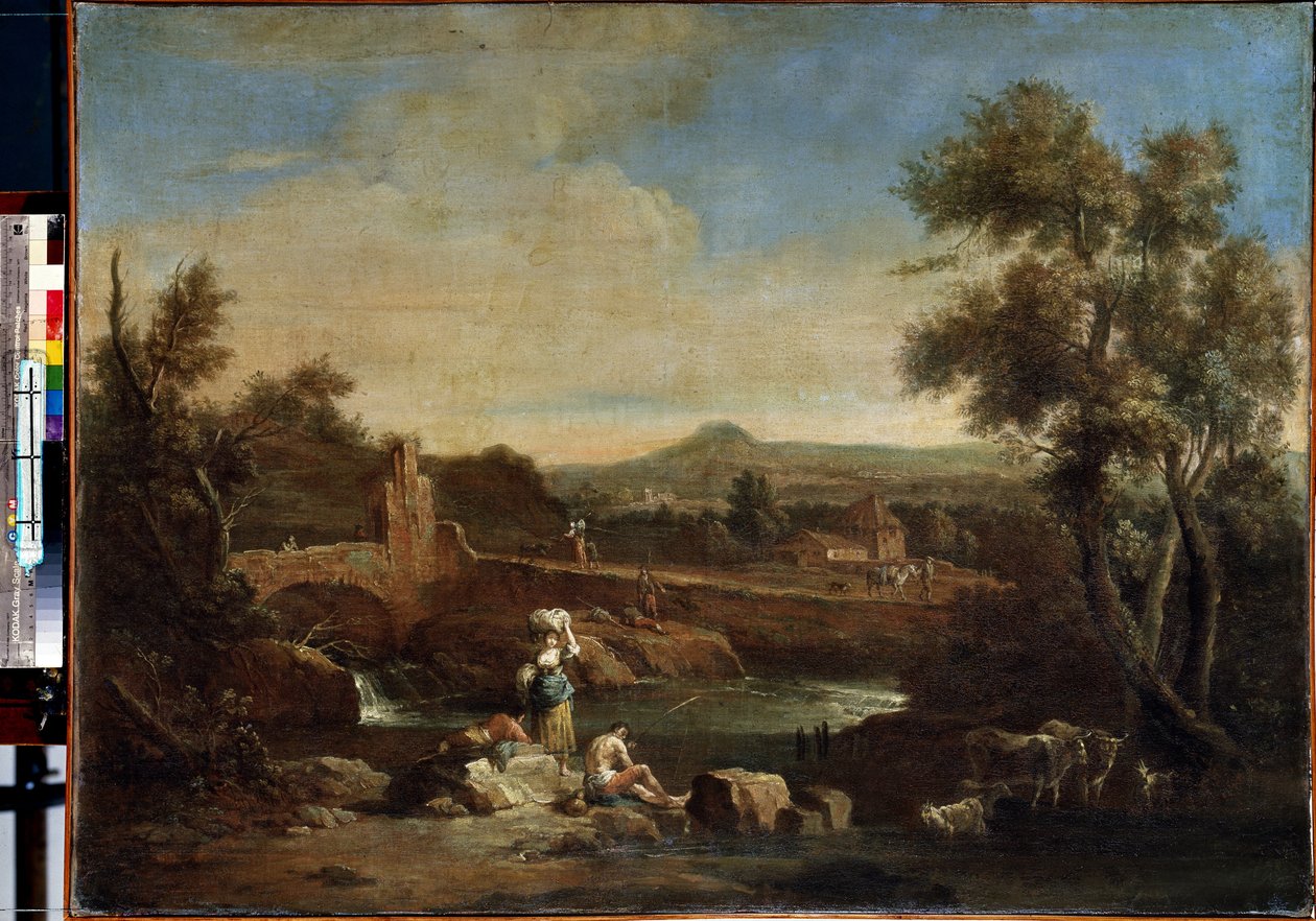 Paisagem com um rio. Pintura de Francesco Zuccarelli (1702-1788). Óleo sobre tela, 81,5 x 119 cm. Arte veneziana do século XVIII. Museu Hermitage, São Petersburgo. de Francesco Zuccarelli