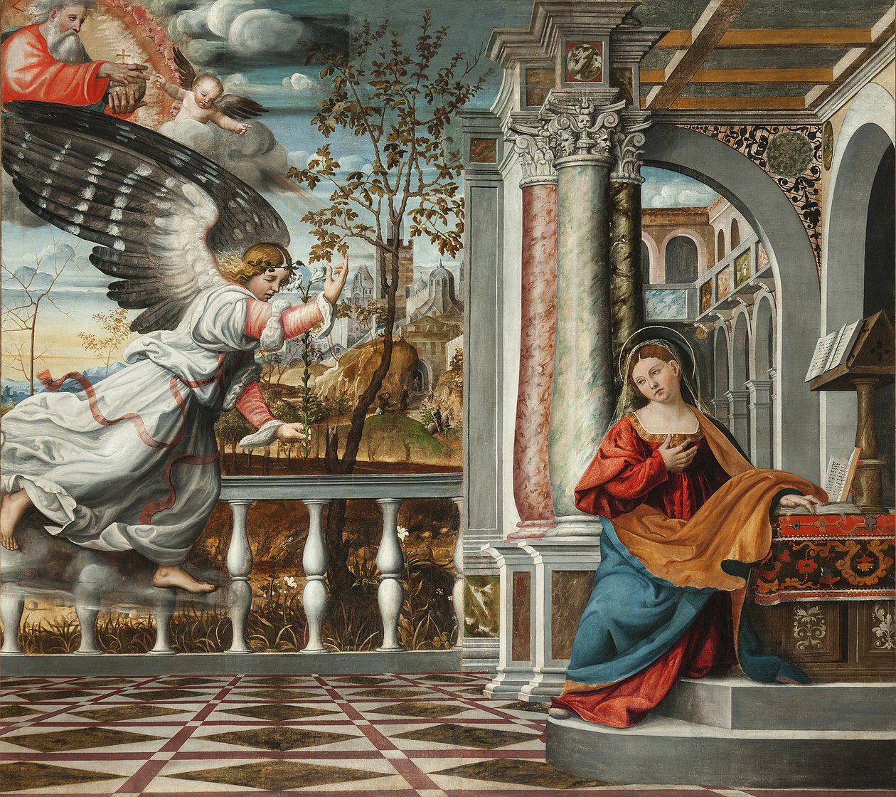 A Anunciação por Francesco da Milão (ativo 1502-1548). Fresco, , Catedral de Serravalle, Vittorio Veneto de Francesco da Milano