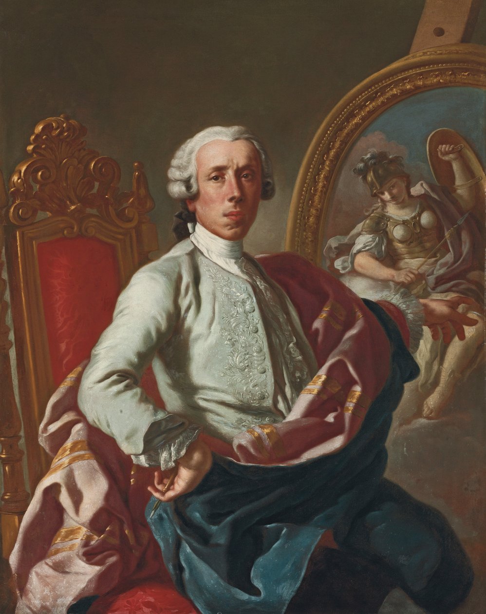 Retrato do artista, de três quartos, sentado, segurando um lápis, em um cavalete com uma foto de Minerva de Francesco de Mura