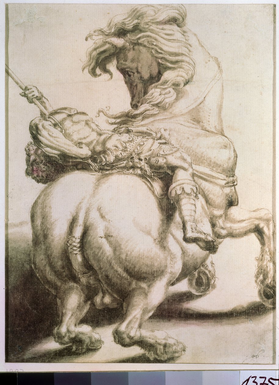 Cavaleiro perfurado por uma lança. Desenho de Francesco de Rossi (1510-1563). Grisaille sobre papel, 20 x 15 cm de Francesco de Rossi Salviati