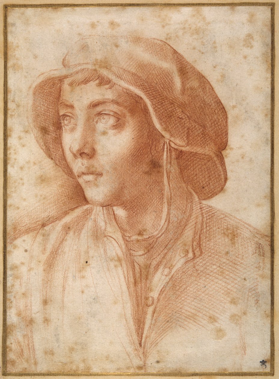 Retrato do busto de um rapaz com um boné (giz vermelho sobre papel creme) de Francesco de Rossi Salviati Cecchino
