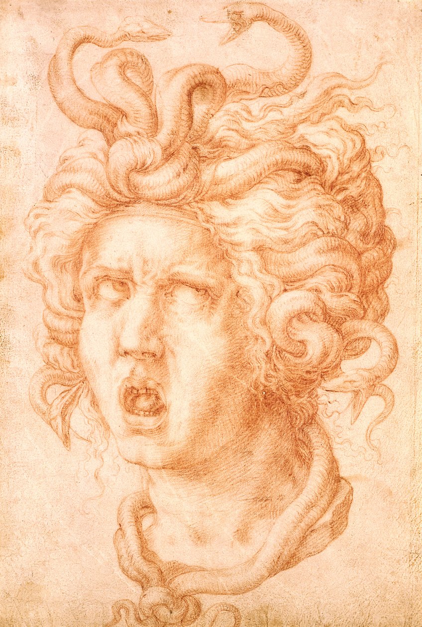 Medusa (giz vermelho sobre papel deitado fora de branco) de Francesco de Rossi Salviati Cecchino
