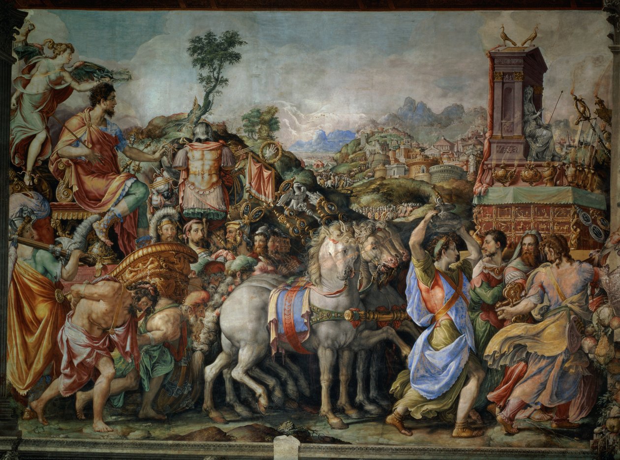 O triunfo de Marcus Furius Camillus (447-365 aC), da Sala dell&39;Udienza, 1545 (pré-restauração) (ver também 177350) de Francesco de Rossi Salviati Cecchino