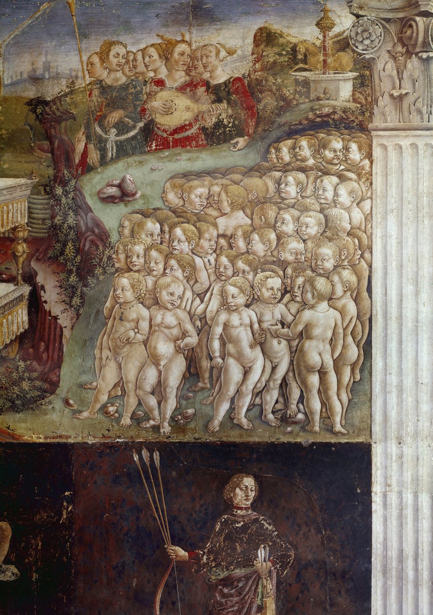 Alegoria do mês de maio, detalhe do triunfo de Apolo, crianças nuas e detalhe de nove musas afresco de Francesco del Cossa (ca. 1436-around 1478) Ferrara (Ferrara) Palazzo Schifanoia, Salone dei Mesi de Francesco del Cossa