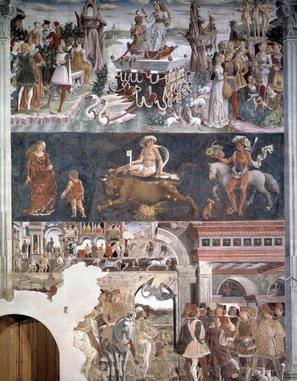 Abril. Top: o Triunfo de Vénus (Afrodite) com as Três Graças e os casais a beijarem-se. No meio: representação do signo zodiacal do touro. Em baixo: o touro: Borso d