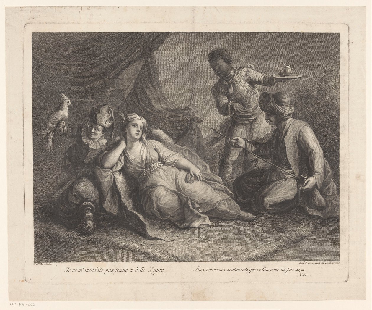 Mulher deitada sobre um tapete
Cenas da peça de teatro de Voltaire Zaire (título da série) de Francesco del Pedro