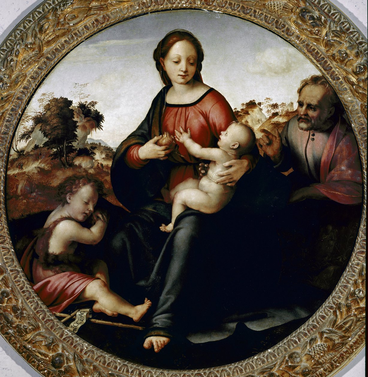 Sagrada família com o pequeno São João Batista Pintura de Francesco di Cristofano dit il Franciabigio (1482 Ð1525) cerca de 1516 Dim 97 cm Florence Galleria del 
