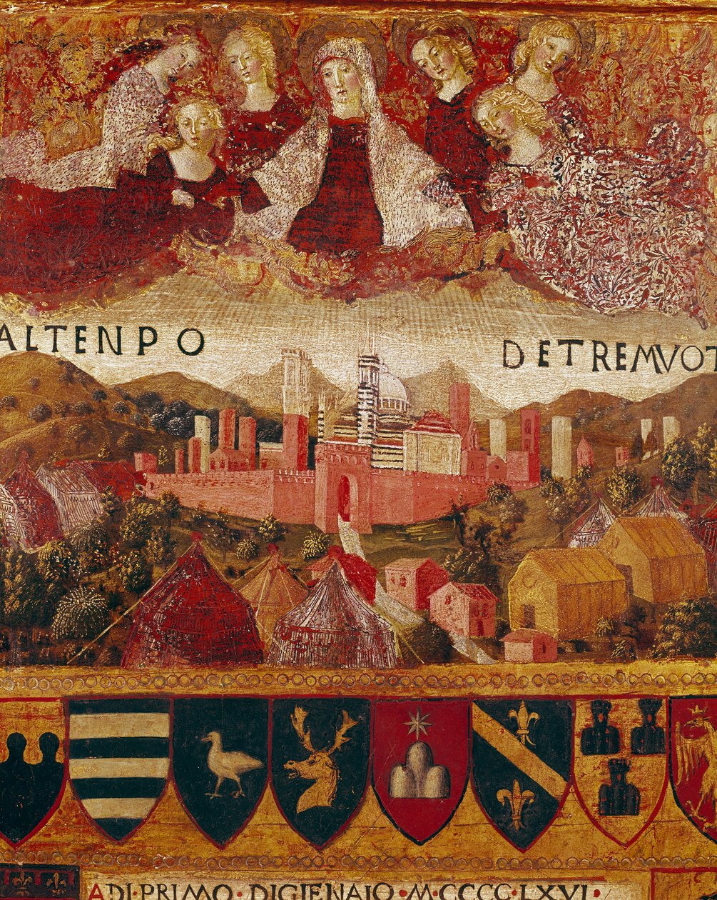Ex voto (ou ex voto): “” A Virgem Maria protegendo a cidade de Siena na época dos terremotos de 1466-1467”” Detalhe. Pintura em madeira de Francesco di Giorgio Martini (1439-1502) decorando uma Biccherna (capa do registro contábil da cidade de Si de Francesco di Giorgio Martini