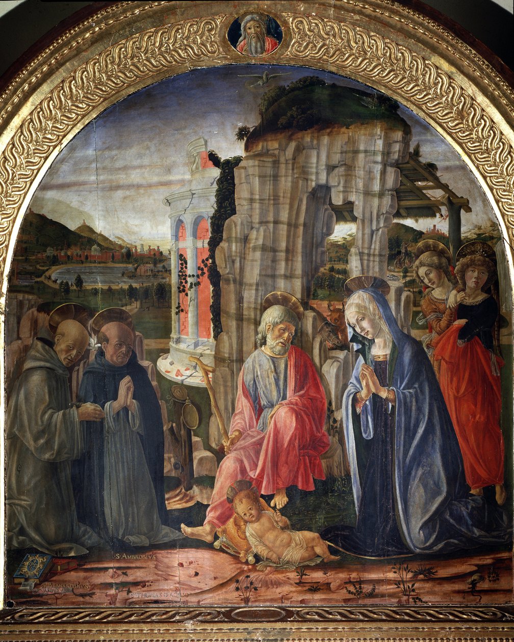 Natividade com São Bernardo e São Tomás de Aquino - Pintura de Francesco di Giorgio Martini