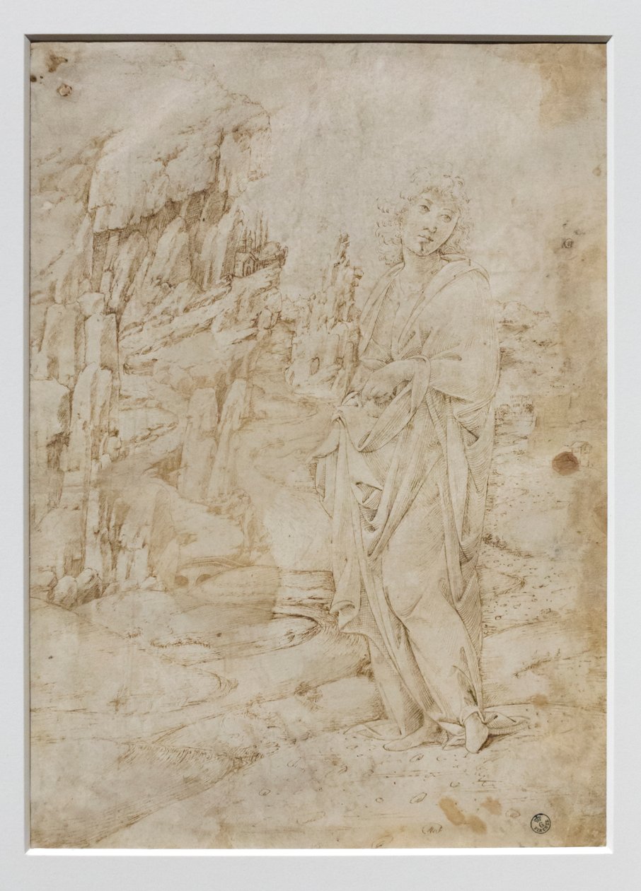 Homem jovem numa paisagem rochosa, c.1475-80 (caneta e tinta preta e castanha, com vestígios de ponta de metal sobre pergaminho) de Francesco di Giorgio Martini