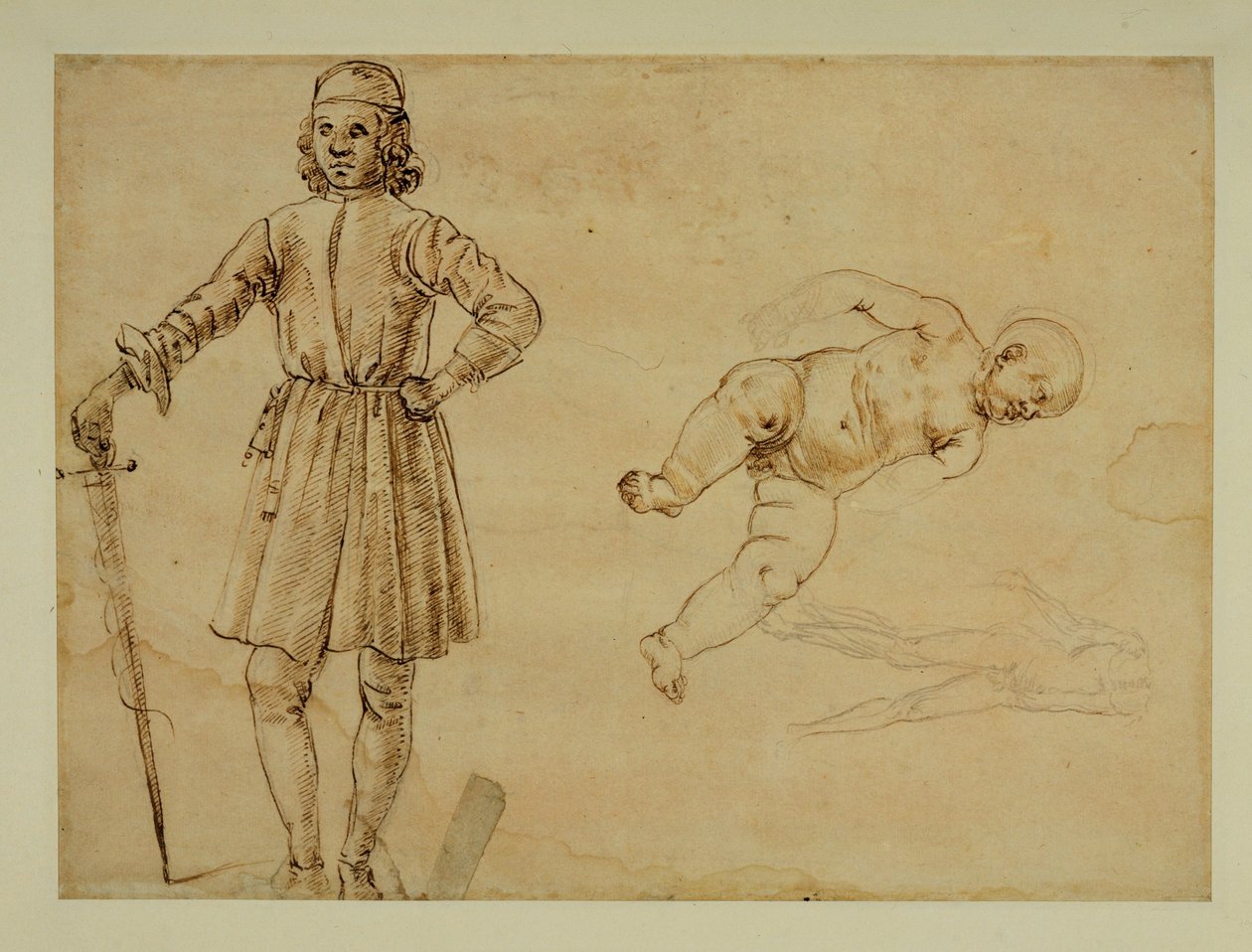 Uma criança sentada; um homem de pé segurando uma espada ... de Francesco di Simone (attr. to)