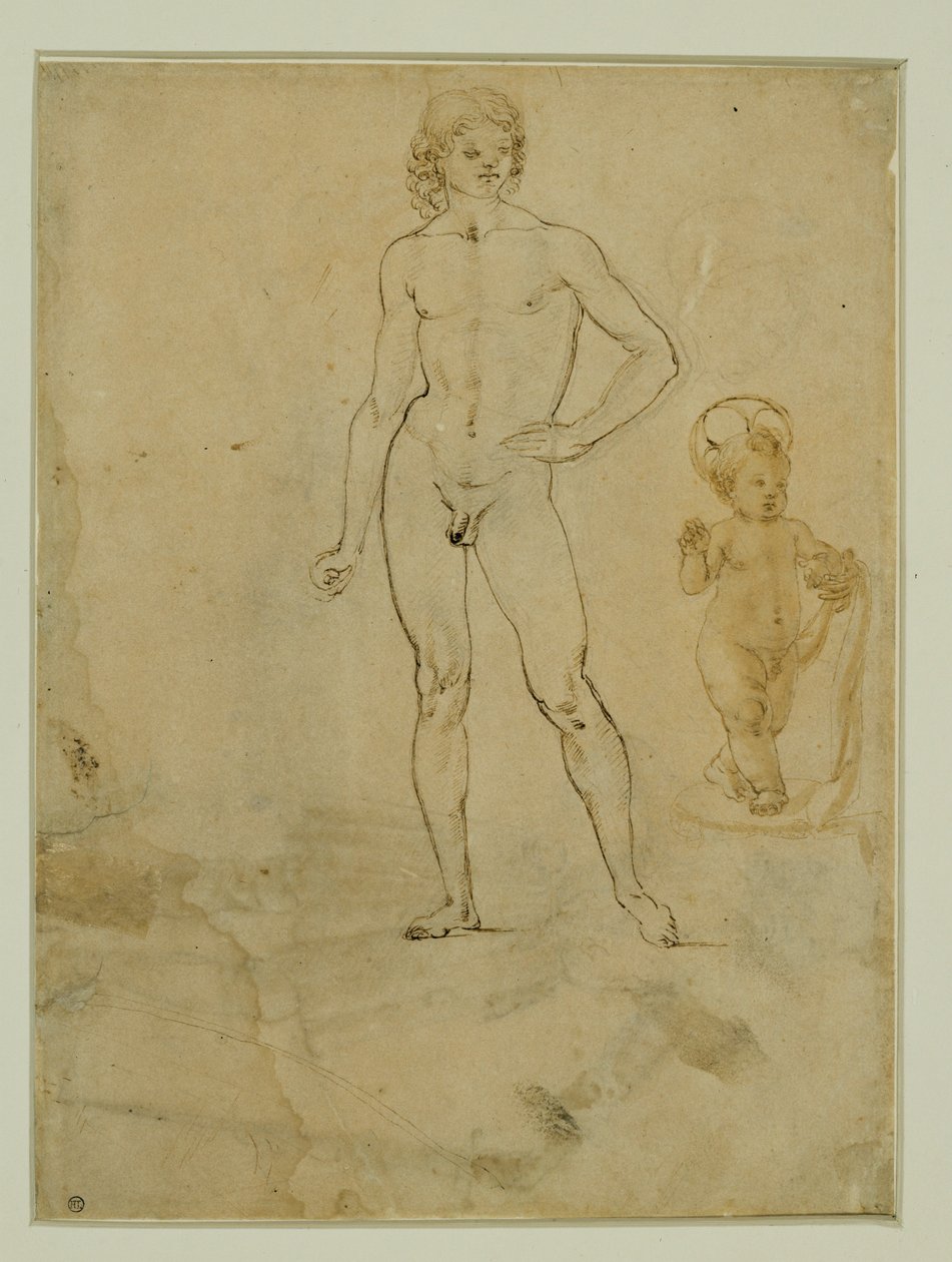 Um jovem nu, de pé; o Menino Jesus; retrato feminino virado para a direita ... de Francesco di Simone (attr. to)