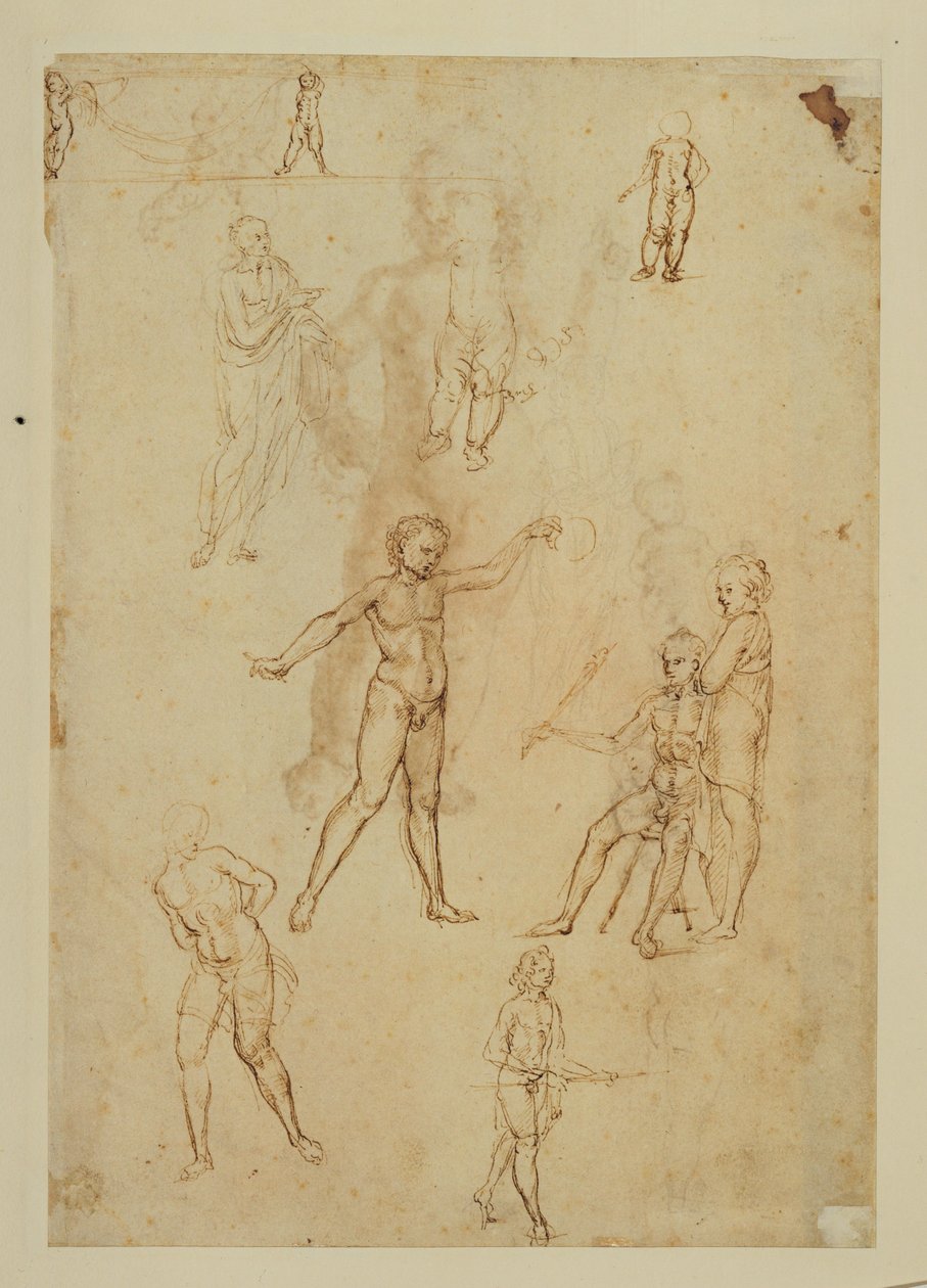 Estudos de figuras. Caneta e tinta castanha, bico de metal Papel cor-de-rosa ... de Francesco di Simone (attr. to)
