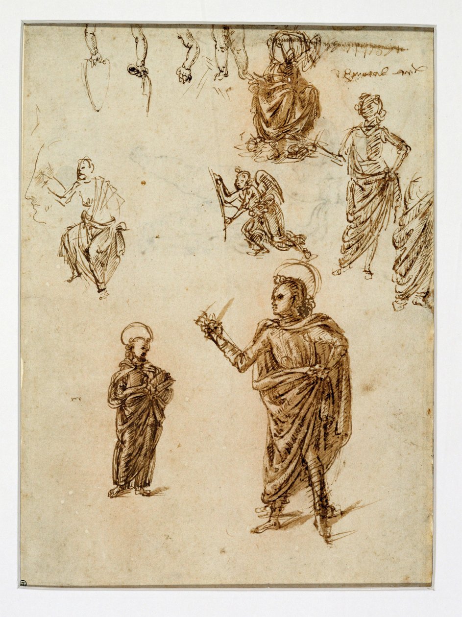 Esboços de figuras; santos; um anjo; um braço; pernas ... de Francesco di Simone (attr. to)
