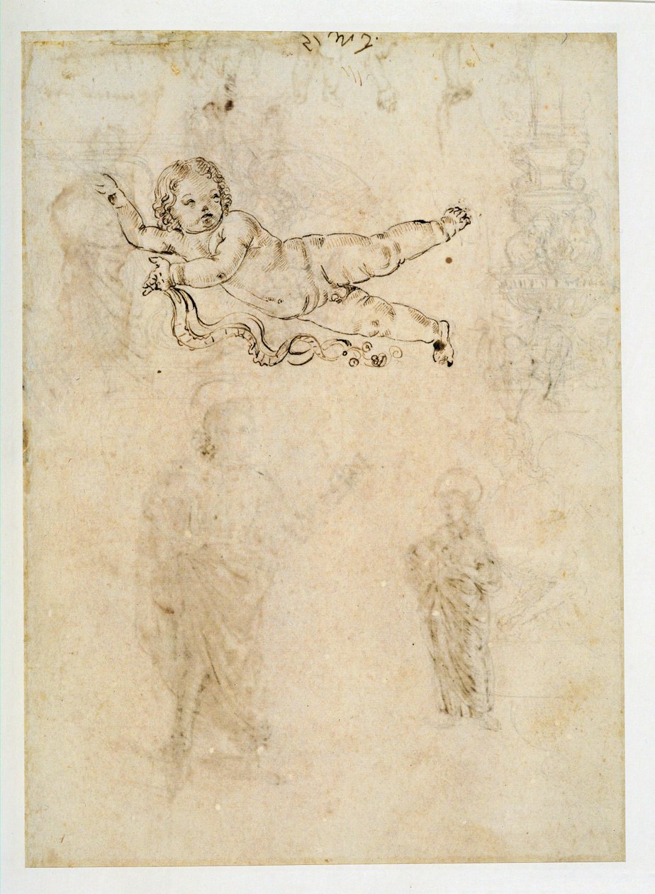 Estudo de uma criança; um ornamento esculpido; uma harpia ... de Francesco di Simone (attr. to)