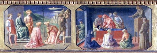 (LR) O martírio dos SS. Cosme e Damião, Santo Antônio de Pádua, encontrando o Coração dos Miseráveis; dois painéis da predella da Madonna e da Criança Enthroned por Filippo Lippi (c.1406-69) (tempera no pan de Francesco di Stefano Pesellino