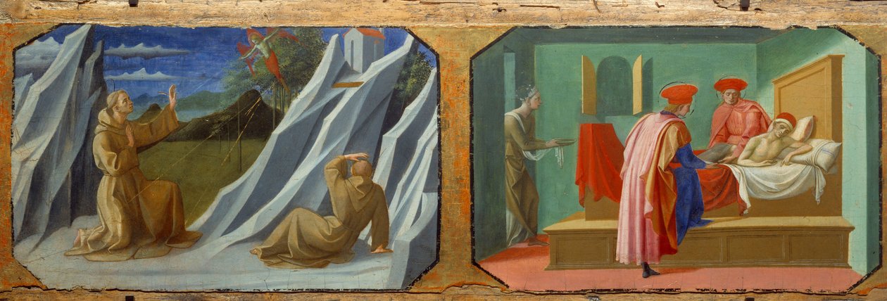 São Francisco de Assis recebendo estigmas, São Cosimo (Venha ou Cosimo) e São Damien cuidando de um doente Pinturas em madeira de Francesco di Stefano dit Pesellino (ca. 1422-1457) Sol do século XV. 0,32x0,94 m de Francesco di Stefano Pesellino