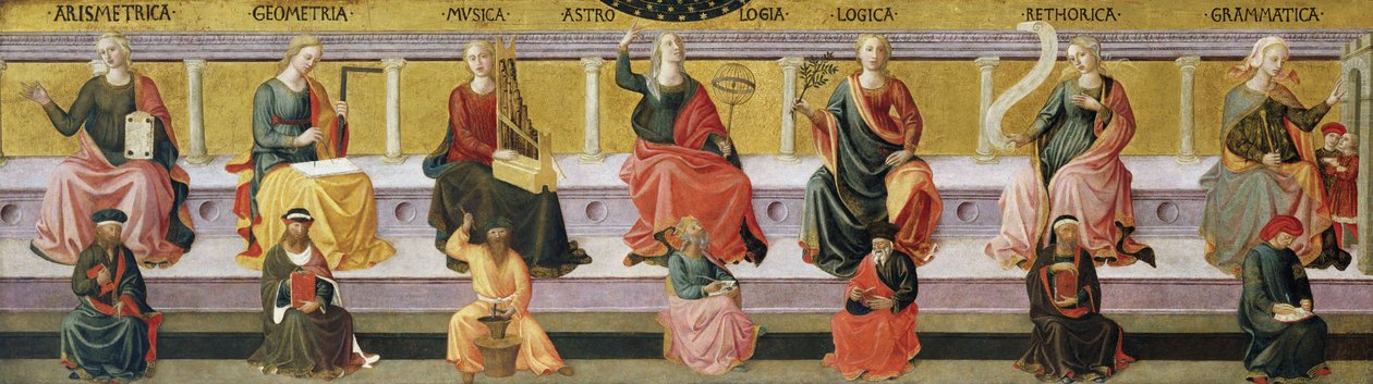 "The Seven Liberal Arts (Arithmetic, Geometry, Music, Astrology, Logic, Theory and Grammar) Pintura de Francesco di Stefano Pesellino (1422-1457) cerca de 1450 Museu de Arte de Birmingham, Birmingham, Alabama USA ©DeAgostini/Leemage de Francesco di Stefano Pesellino