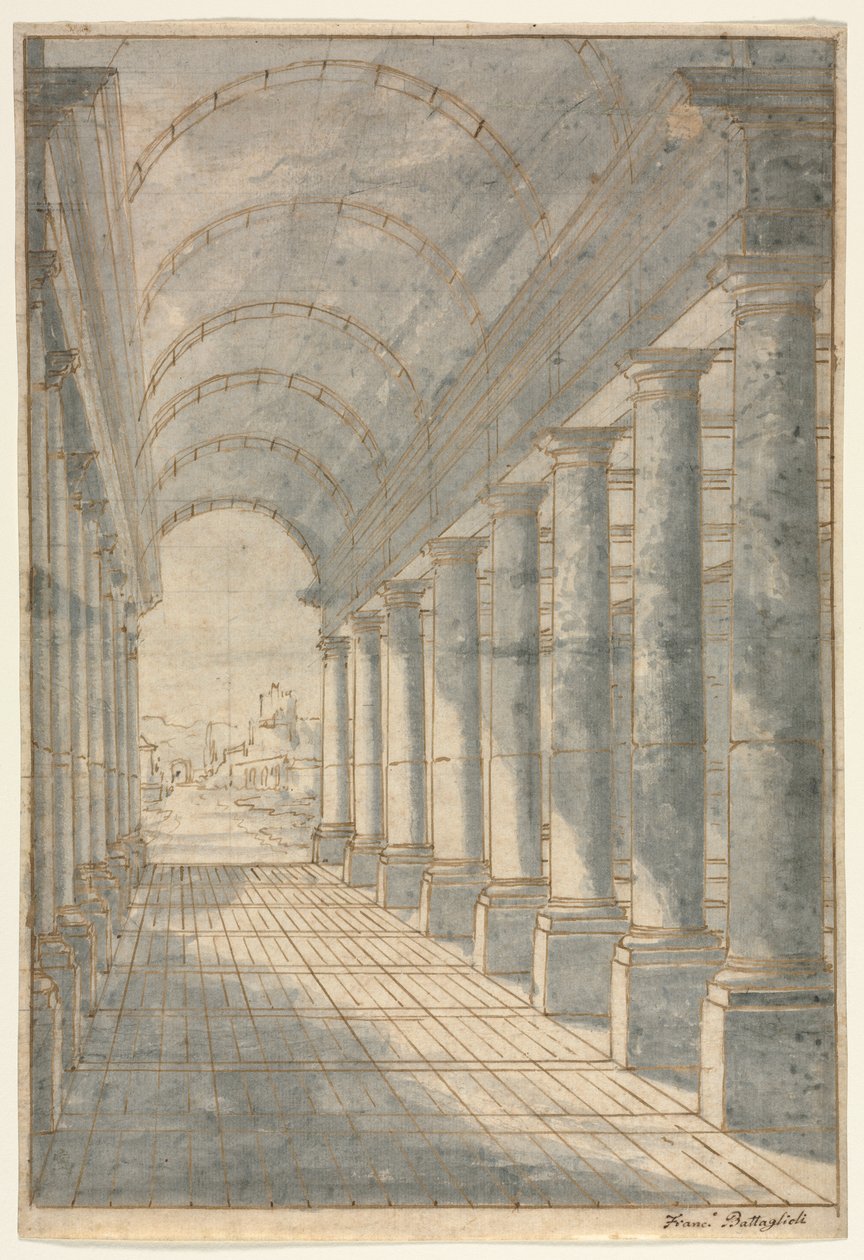 Arcade com abóbada de barril renderizada em perspectiva, 1700. de Francessco Battaglioli
