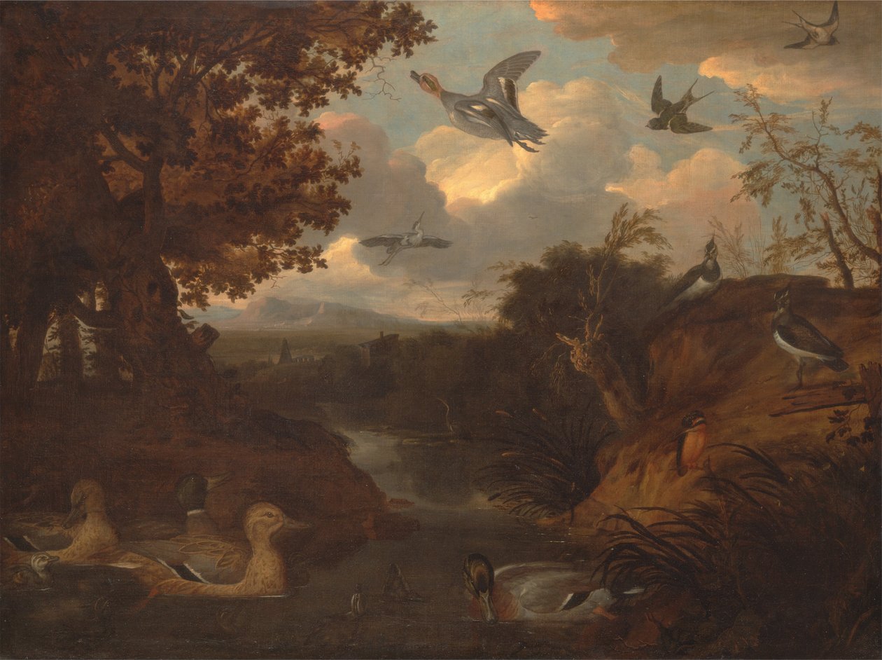 Patos e outras aves sobre um córrego em uma paisagem italianizada de Francis Barlow