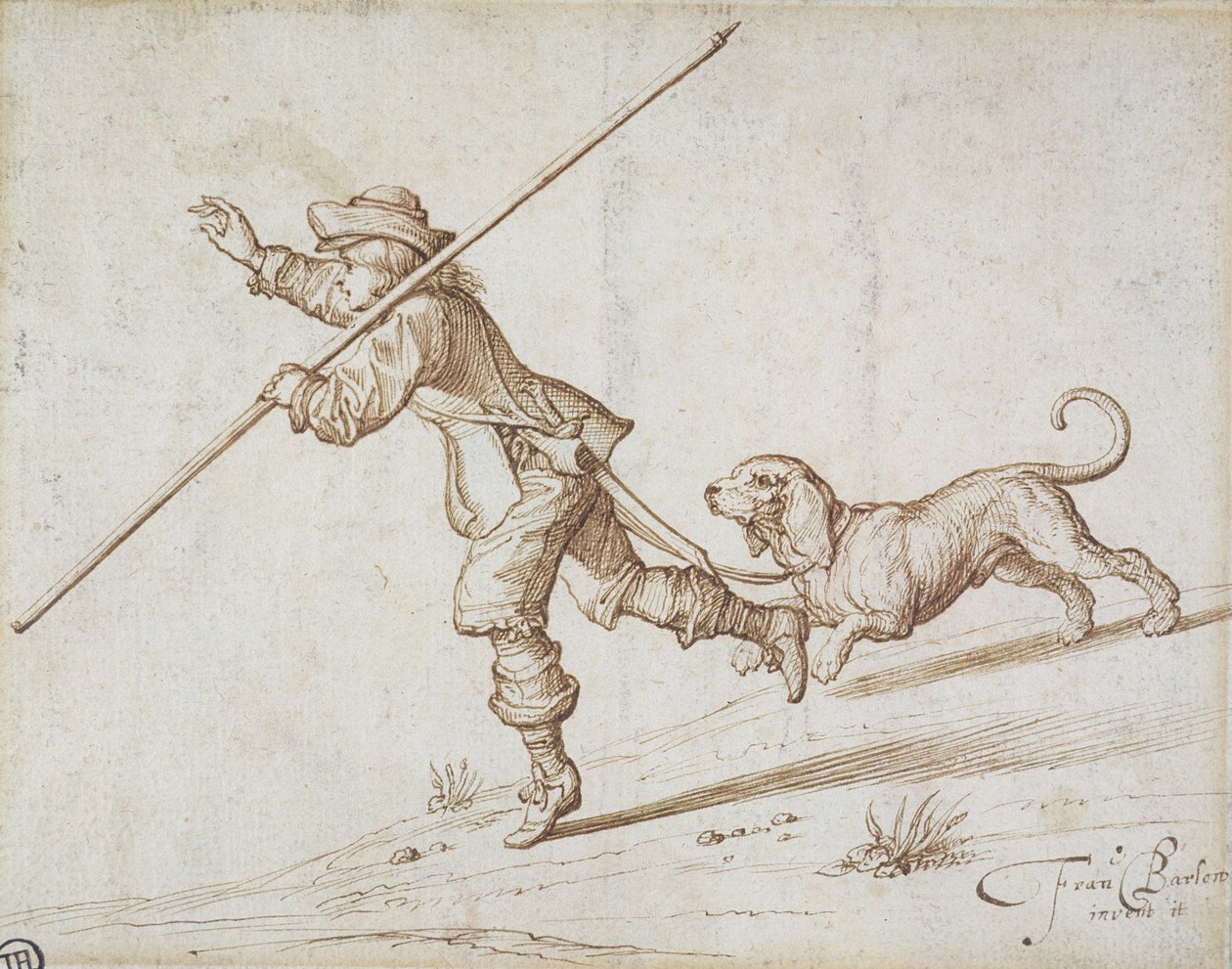 Homem caçando com uma equipe de funcionários aguçado e um cão de caça (pena e tinta marrom no papel) de Francis Barlow
