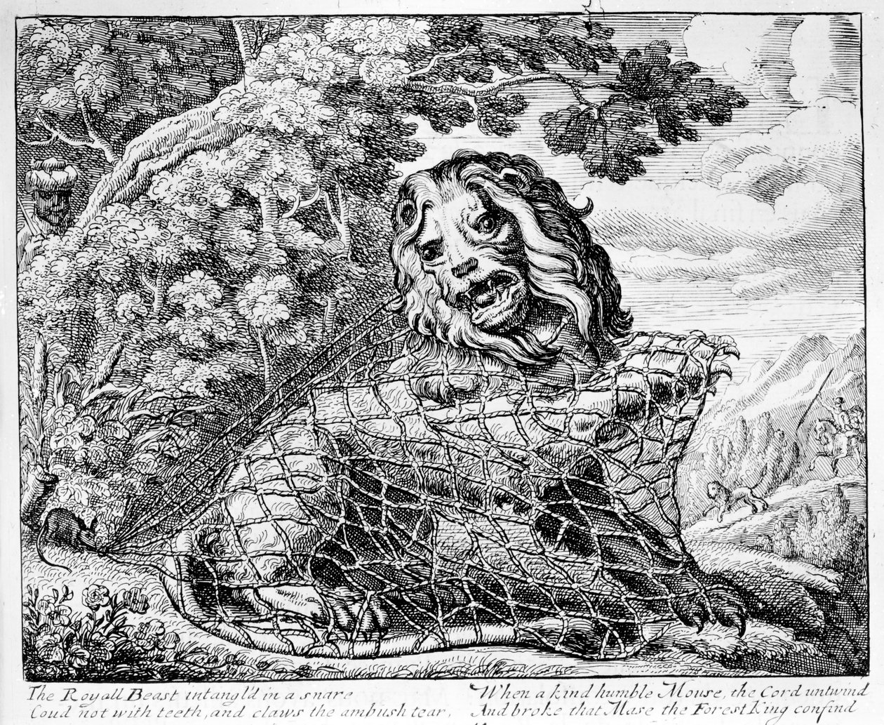 O Leão e o Rato, ilustração de &39;Fábulas de Esopo&39;, 1687 de Francis Barlow