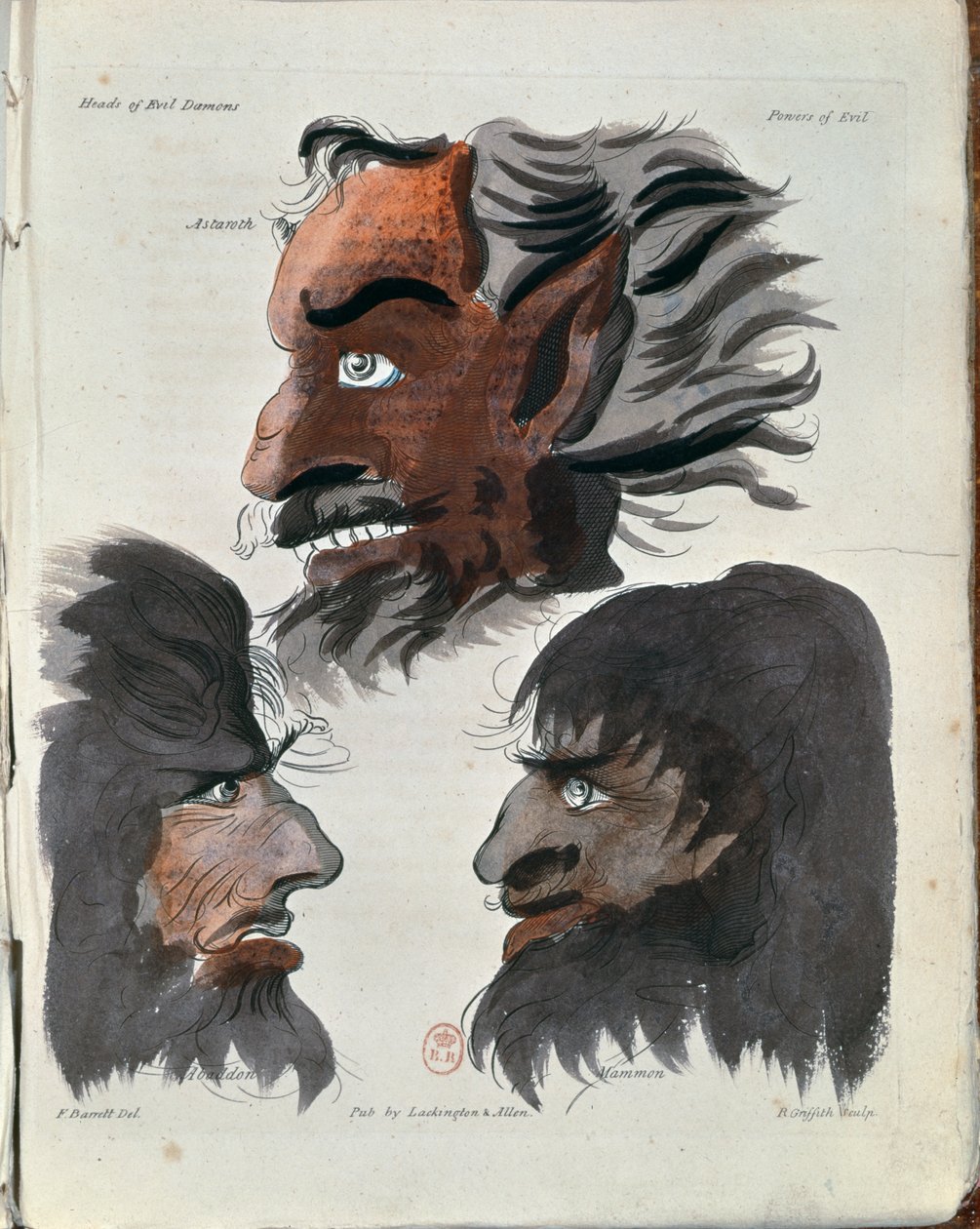Astaroth, Abaddon e Mammon, três demônios de &39;The Magus&39; do artista, gravados por R. Griffith, publicados em 1801 de Francis Barrett