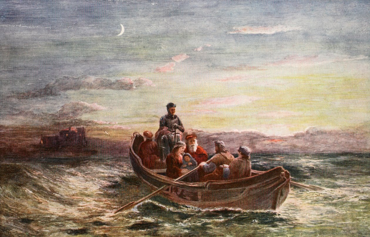 A fuga de Mary Queen of Scots do Castelo de Loch Leven, ilustração de "A História da Nação Britânica" de Hutchinson, c.1923 de Francis Danby