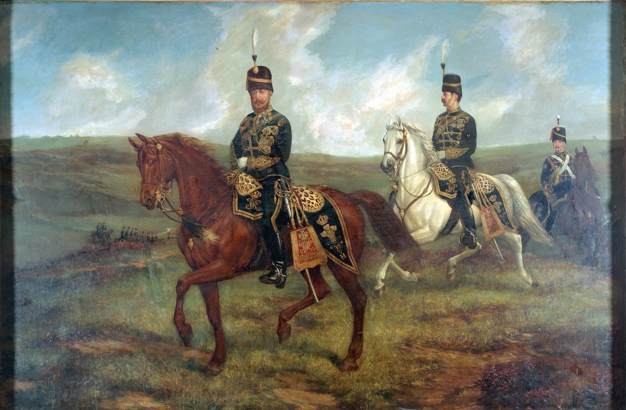 O Príncipe de Gales (1841-1910) com o tenente-coronel Valentine Baker (1827-1887) revendo os 10º hussardos, Aldershot, 8 de setembro de 1871, c.1871 (óleo sobre tela colocado a bordo) de Francis Grant