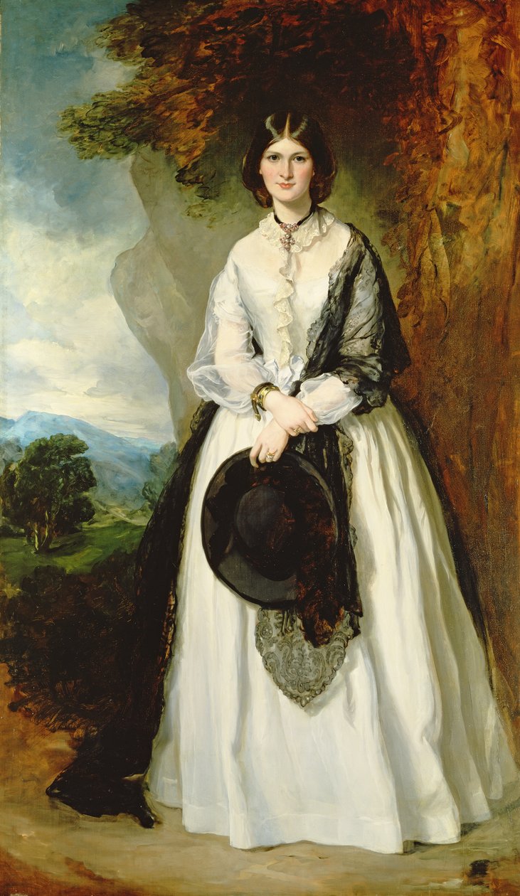 Mulher jovem, em, vestido branco, contra, um, paisagem de Francis Grant