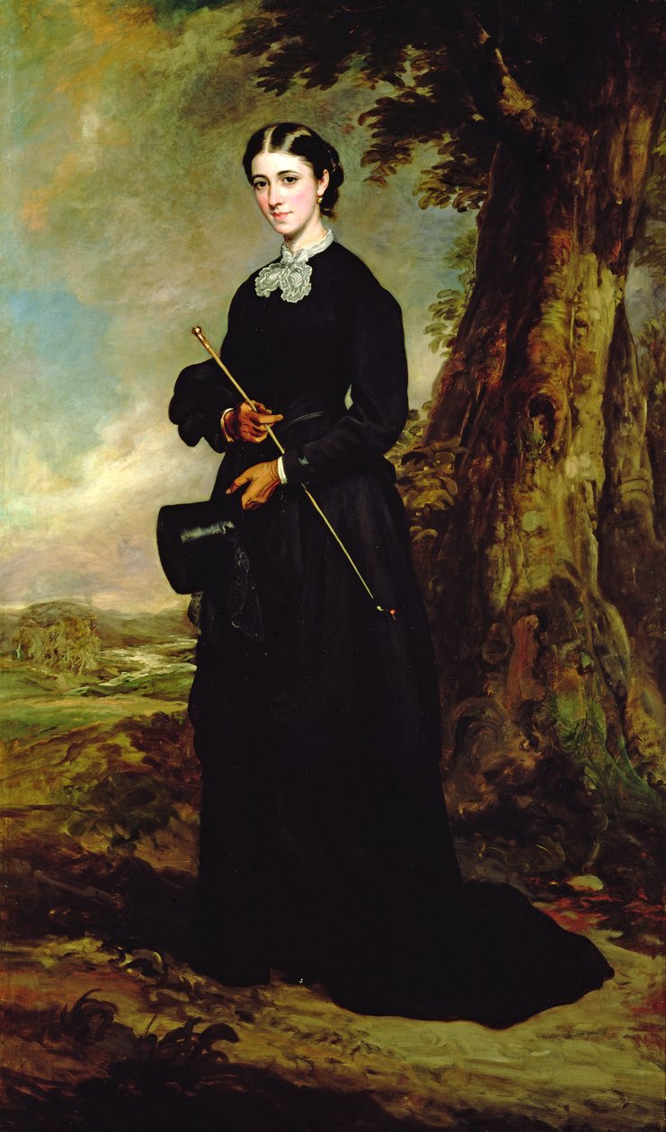 Mulher jovem, desgastar, um, pretas, montando, hábito, e, ficar, em, um, paisagem de Francis Grant