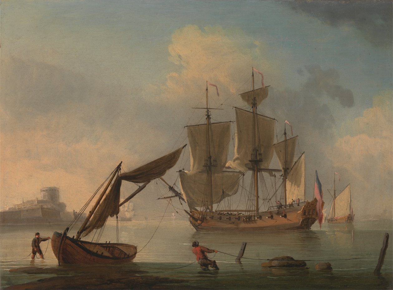 Um saveiro inglês Becalmed perto da costa de Francis Swaine