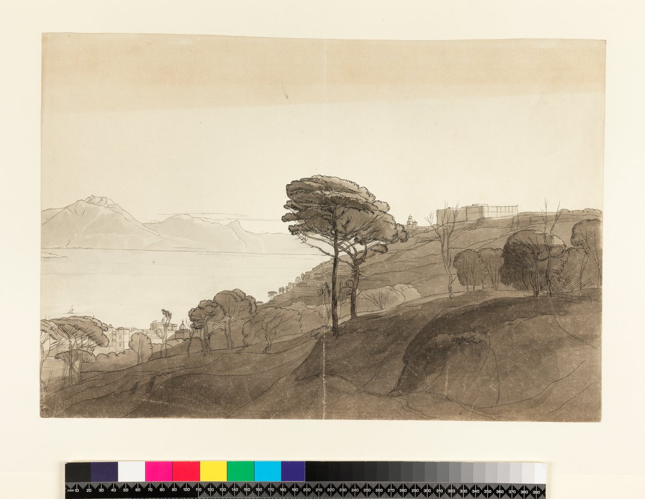 No.1621 Vista da Baía de Nápoles e Mt. Lactarius, 1781 (wc, tinta e lavagem no papel) de Francis Towne