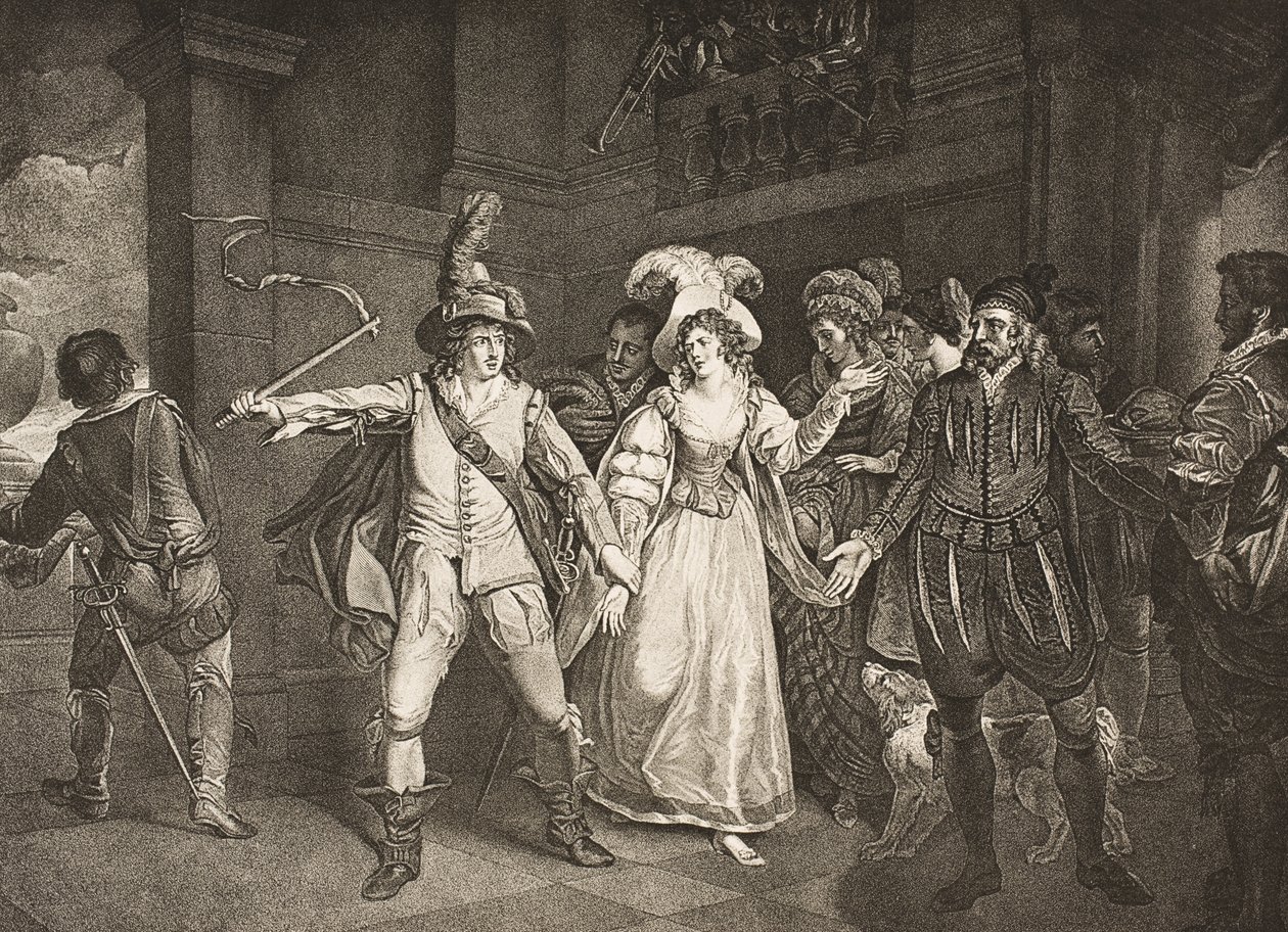 Pádua, Antes da casa de Baptista, Ato III, Cena II, de &39;The Taming of the Shrew&39;, de The Boydell Shakespeare Gallery, publicado no final do século XIX de Francis Wheatley