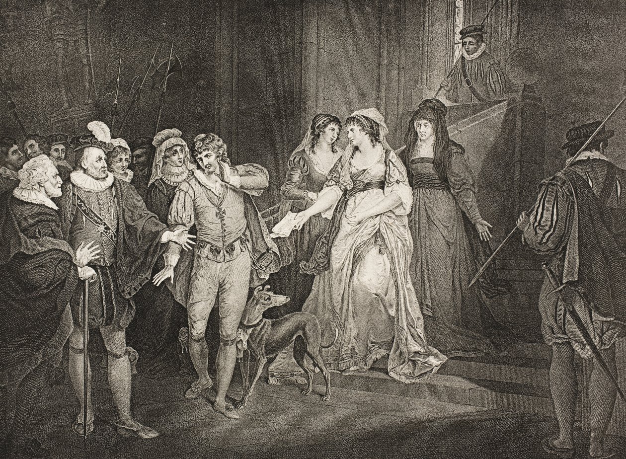 Rousillon, o Palácio do Conde, Ato V, Cena III, de "Tudo Está Bem Quando Termina Bem", da Galeria Boydell Shakespeare, publicada no final do século XIX de Francis Wheatley