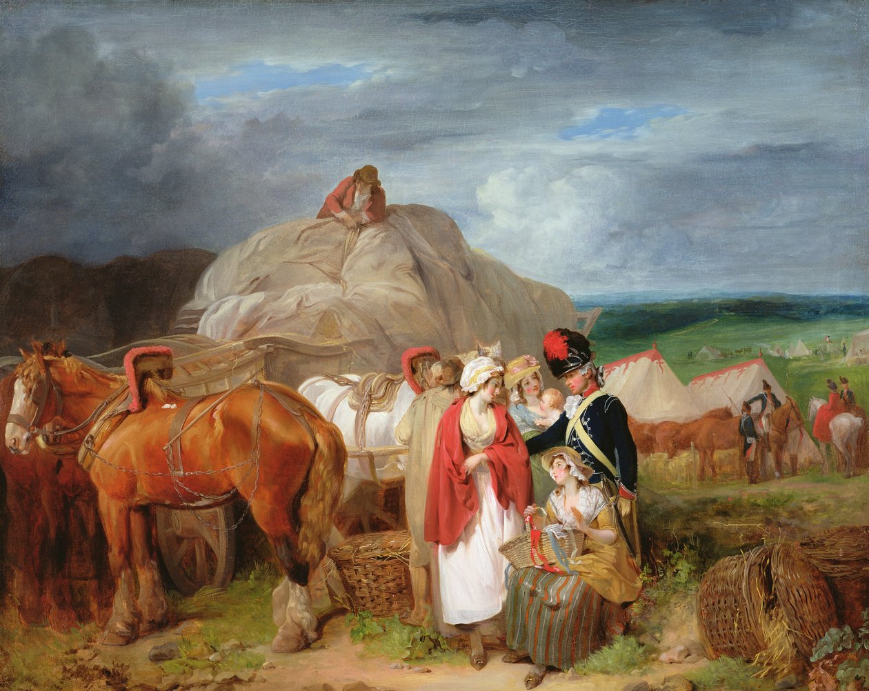 Soldado, com, país, mulheres, vender, fitas, perto, um, acampamento militar, 1788 de Francis Wheatley