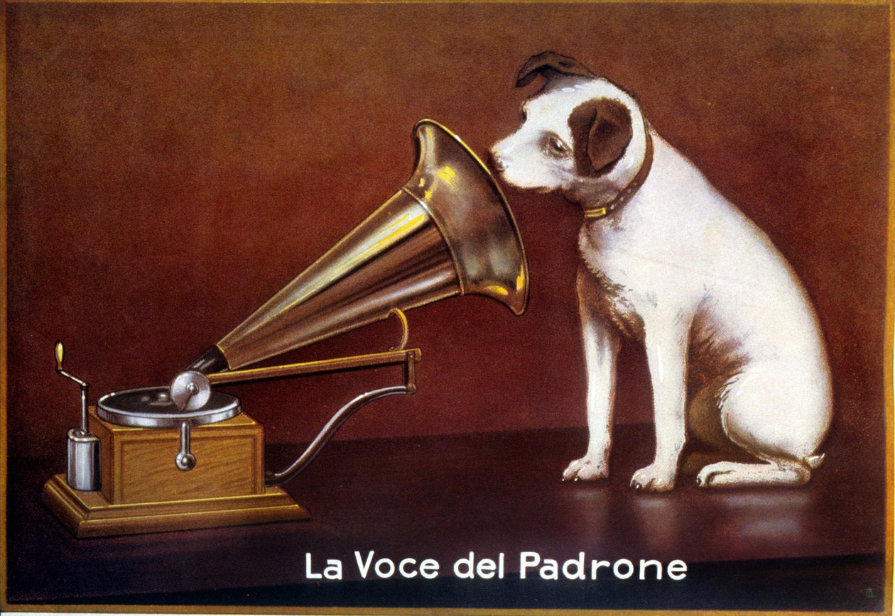 Anúncio italiano para "A voz do meu Mestre". de Francis (after) Barraud