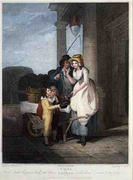 "Round and Sound, Five Pence a Pound, Duke Cherries", placa 8 de "The Cries of London", gravada por Anthony Cardon (1772-1813), pub. da Colnaghi & Co. de Francis (after) Wheatley
