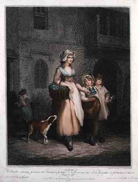 "Two Bunches a Penny, Primroses, Two Bunches a Penny", placa 1 de "The Cries of London", gravada por Luigi Schiavonetti (1765-1810), pub. da Colnaghi & Co. de Francis (after) Wheatley