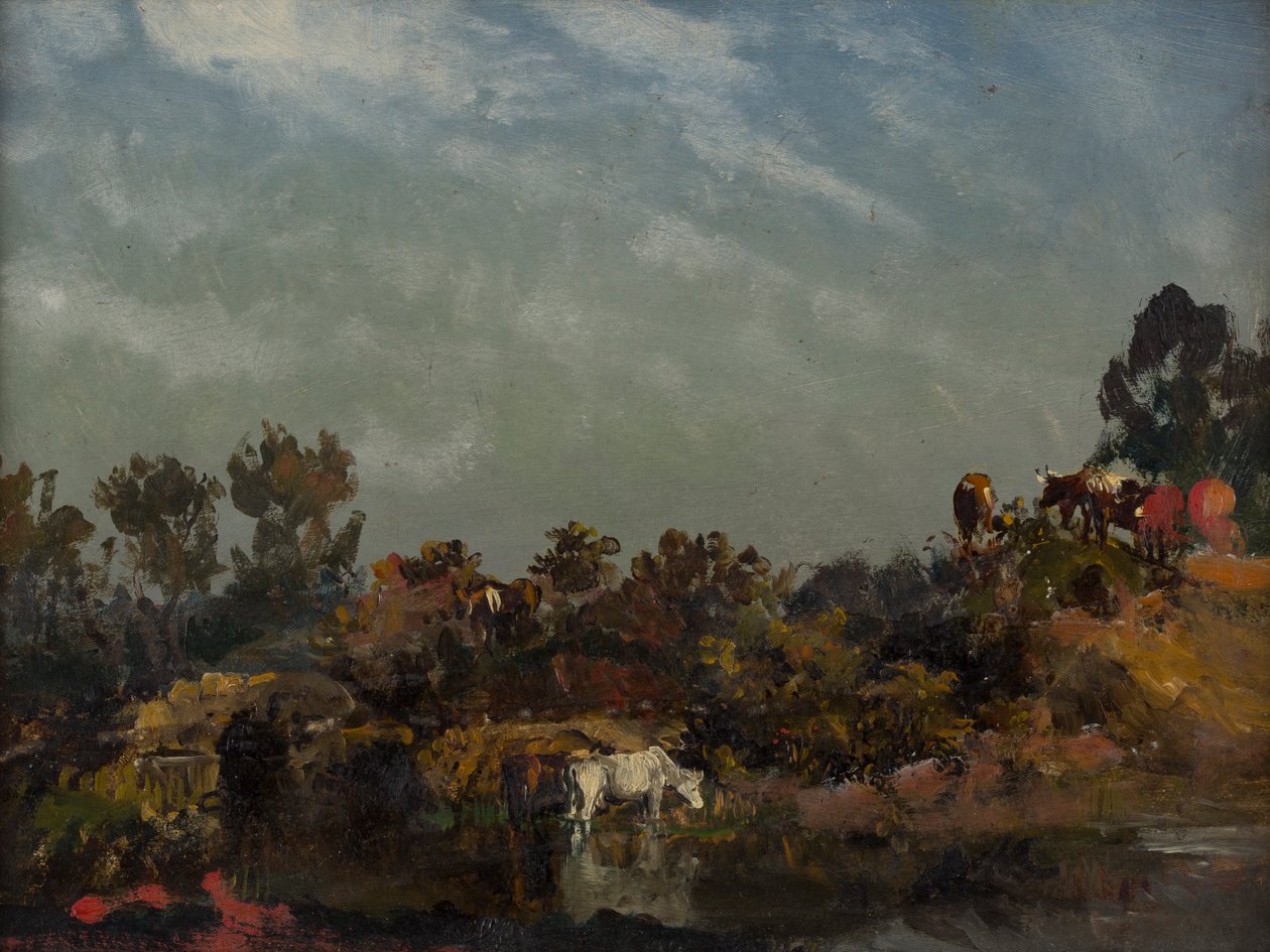 Paisagem com vacas por um rio (óleo no cartão) de Francis (attr.to) Danby